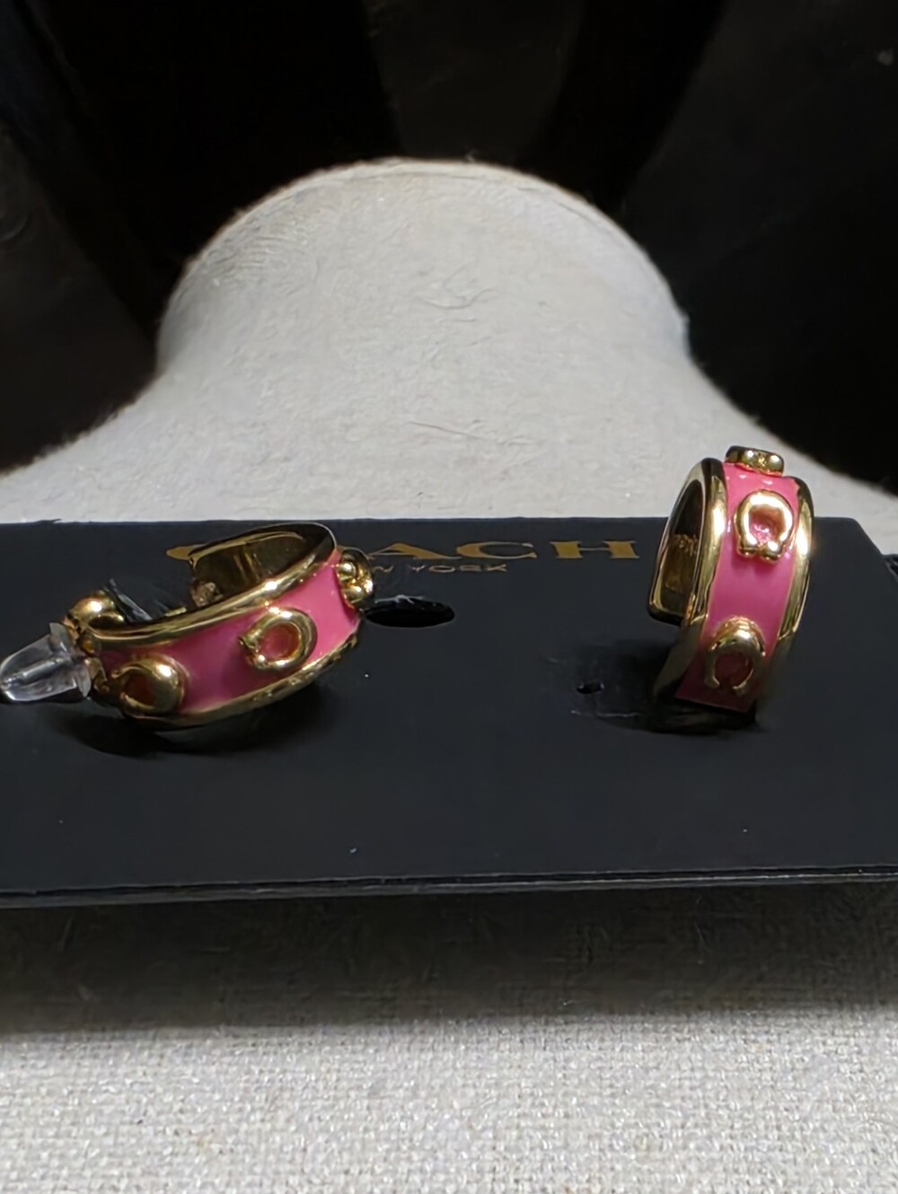 Coach Pegged C Pink Enamel Huggie Earrings - Picture 4 of 5